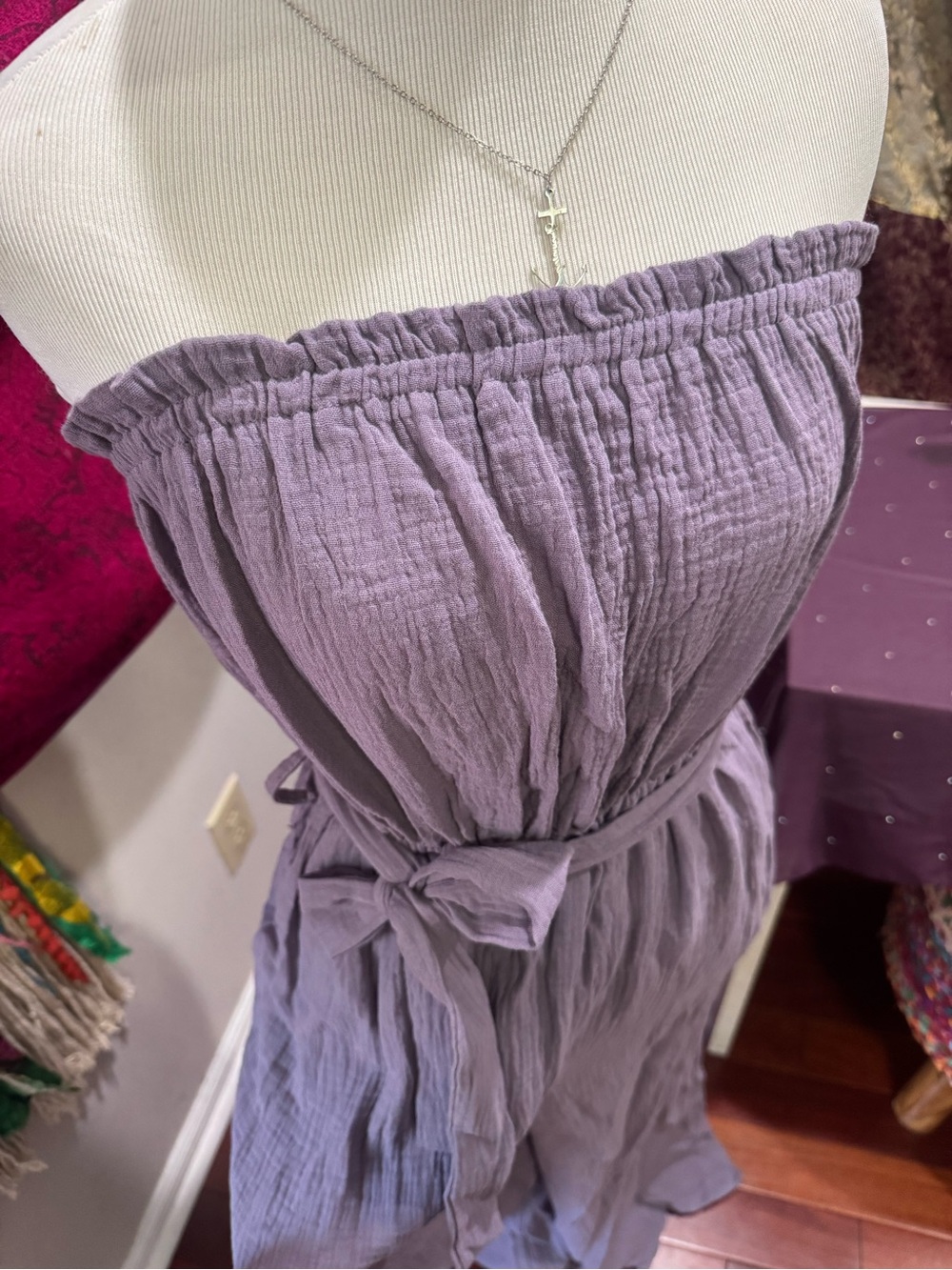 Strapless Lavender Cotton Romper with Waist Tie